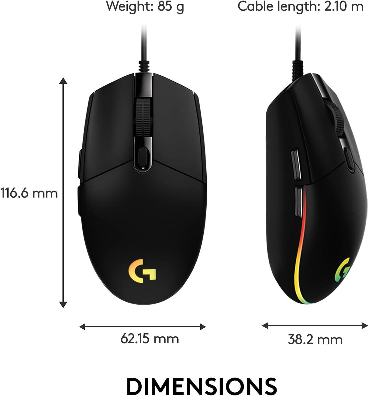 Logitech G203 Wired Gaming Mouse, 8,000 DPI, Rainbow Optical Effect LIGHTSYNC RGB, 6 Programmable Buttons, On-Board Memory, Screen Mapping, PC/Mac Computer and Laptop Compatible - Black Mouse Only Black