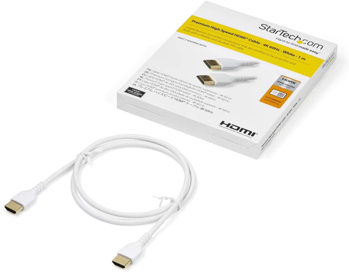 StarTech.com 3ft (1m) Premium Certified HDMI 2.0 Cable with Ethernet - Durable High Speed UHD 4K 60Hz HDR - Rugged M/M HDMI Cord with Aramid Fiber - TPE - Ultra HD Monitors, TVs &amp; Displays (RHDMM1MPW) White 3 ft/1m