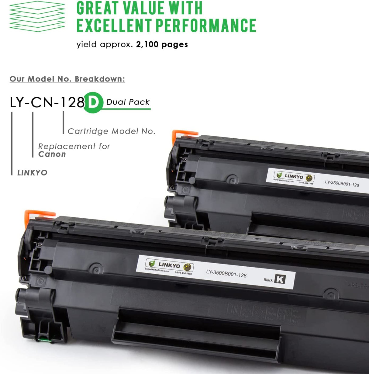 LINKYO Compatible Toner Cartridge Replacement for Canon 128 (Black, 2-Pack)