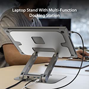 J5 create j5create Laptop Stand with USB C Dual HDMI Display Hub - 2 USB A 5Gbps, PD 100W with USB-C 5Gbps, Ethernet | Aluminum Computer Riser for MacBook and Windows Notebook (JTS427)