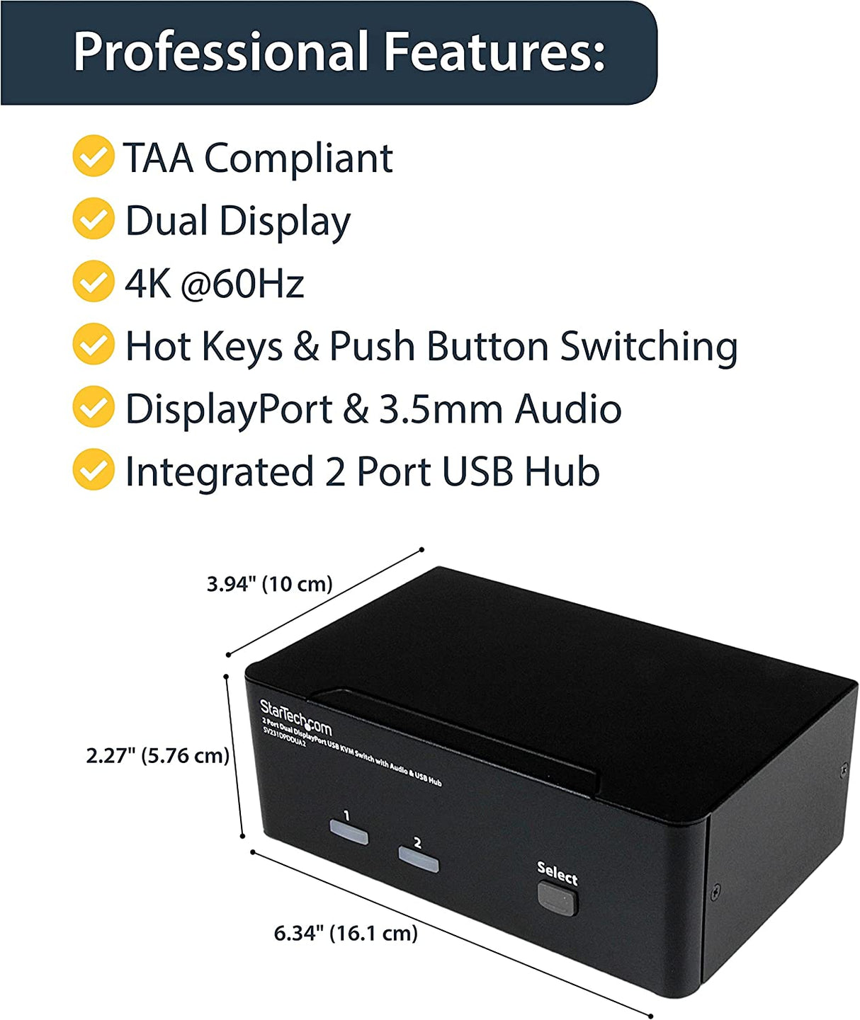 StarTech.com 2-Port DisplayPort KVM Switch - Dual-Monitor - 4K 60 - with Audio &amp; USB Peripheral Support - DP 1.2 - USB Hub (SV231DPDDUA2) 2 Port Display Port