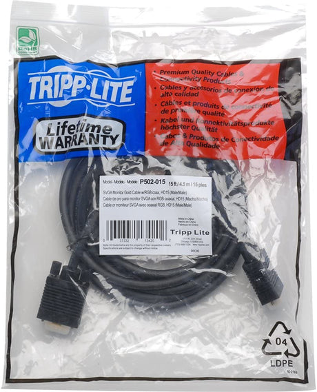 Tripp Lite VGA Coax Monitor Cable, High Resolution cable with RGB coax (HD15 M/M) 15-ft.(P502-015) 15-feet