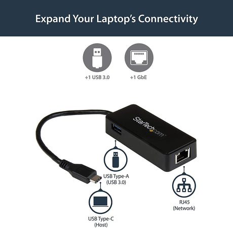 StarTech.com USB-C to Ethernet Gigabit Adapter - Thunderbolt 3 Compatible - USB Type C Network Adapter - USB C Ethernet Adapter (US1GC301AU)