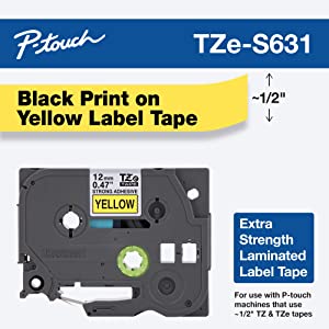 Brother Genuine P-touch TZE-S631 Tape, 1/2" (0.47") Wide Extra-Strength Adhesive Laminated Tape, Black on Yellow, Laminated for Indoor or Outdoor Use, Water-Resistant,0.47" x 26.2' (12mm x 8M),TZES631 Xst - Black on Yellow Tape