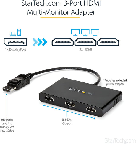 StarTech.com 3-Port Multi Monitor Adapter - DisplayPort 1.2 to 3x HDMI MST Hub - Triple 1080p HDMI Monitors - Extended or Cloned Display mode - Windows PCs Only - DP to 3x HDMI Splitter (MSTDP123HD)