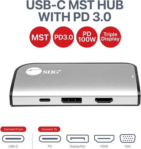 SIIG USB-C MST Hub with PD 3.0, USB-C to DP/HDMI/VGA, Single 4K30+Dual 1080p or Triple 1080p Video outputs, PD 100W, for Windows and Chromebook laptops (DP Alt Mode) NOT for Mac OS (CB-TC0G11-S1)