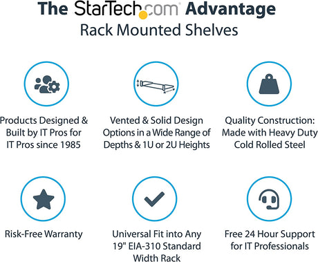 StarTech.com 1U Server Rack Shelf - Universal Vented Rack Mount Cantilever Tray for 19" Network Equipment Rack &amp; Cabinet - Heavy Duty Steel - Weight Capacity 50lb/23kg - 10" Deep, Black (CABSHELFV1U) 1U 10" Depth