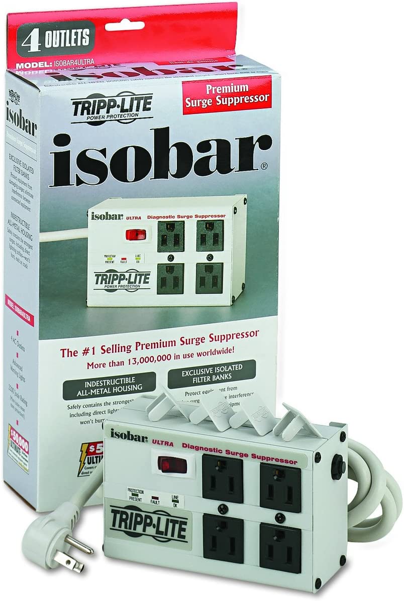 Tripp Lite ISOBAR4ULTRA Isobar 4 Outlet Surge Protector Power Strip, 6ft Cord, Right-Angle Plug, Metal, Lifetime Limited Warranty &amp; Dollar 50,000 Insurance White 4 Outlet 6 ft Cord Power Strip