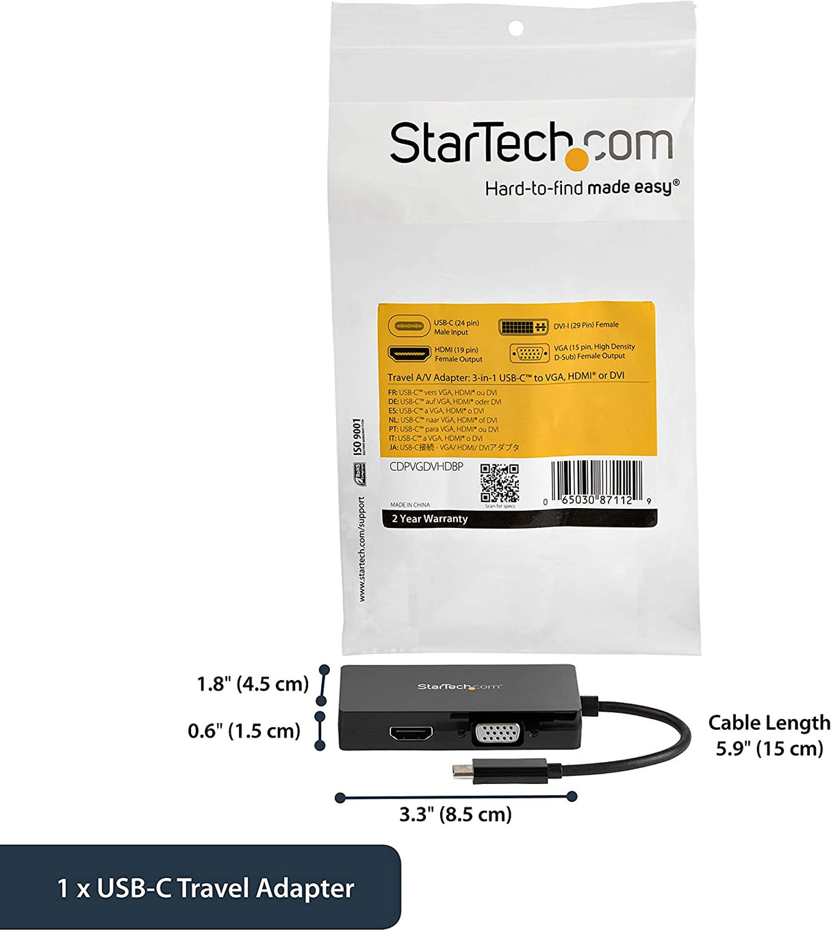 StarTech.com 4K USB C to HDMI, VGA &amp; DVI Multi Port Video Display Adapter for Mac / Windows Laptop &amp; Monitor (CDPVGDVHDBP) Black