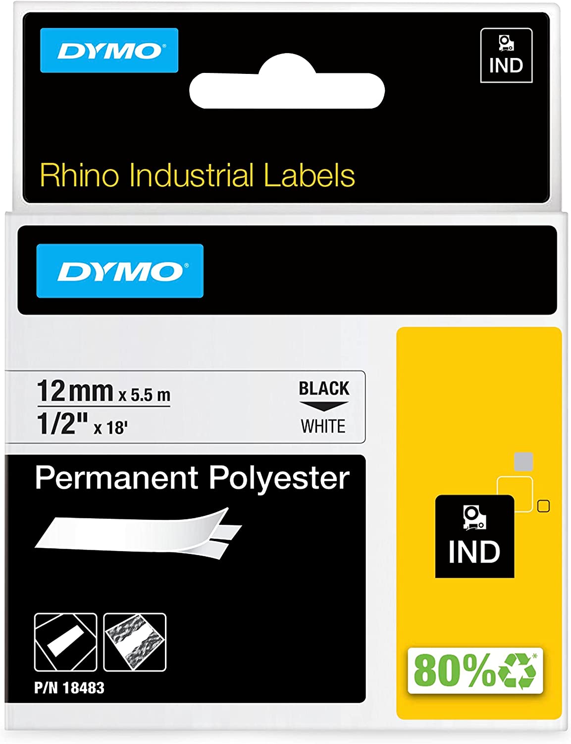 DYMO Authentic Industrial Permanent Labels for LabelWriter and Industrial Label Makers, Black on White, 1/2", 1 Roll (18483), DYMO Authentic 1/2" (12MM)