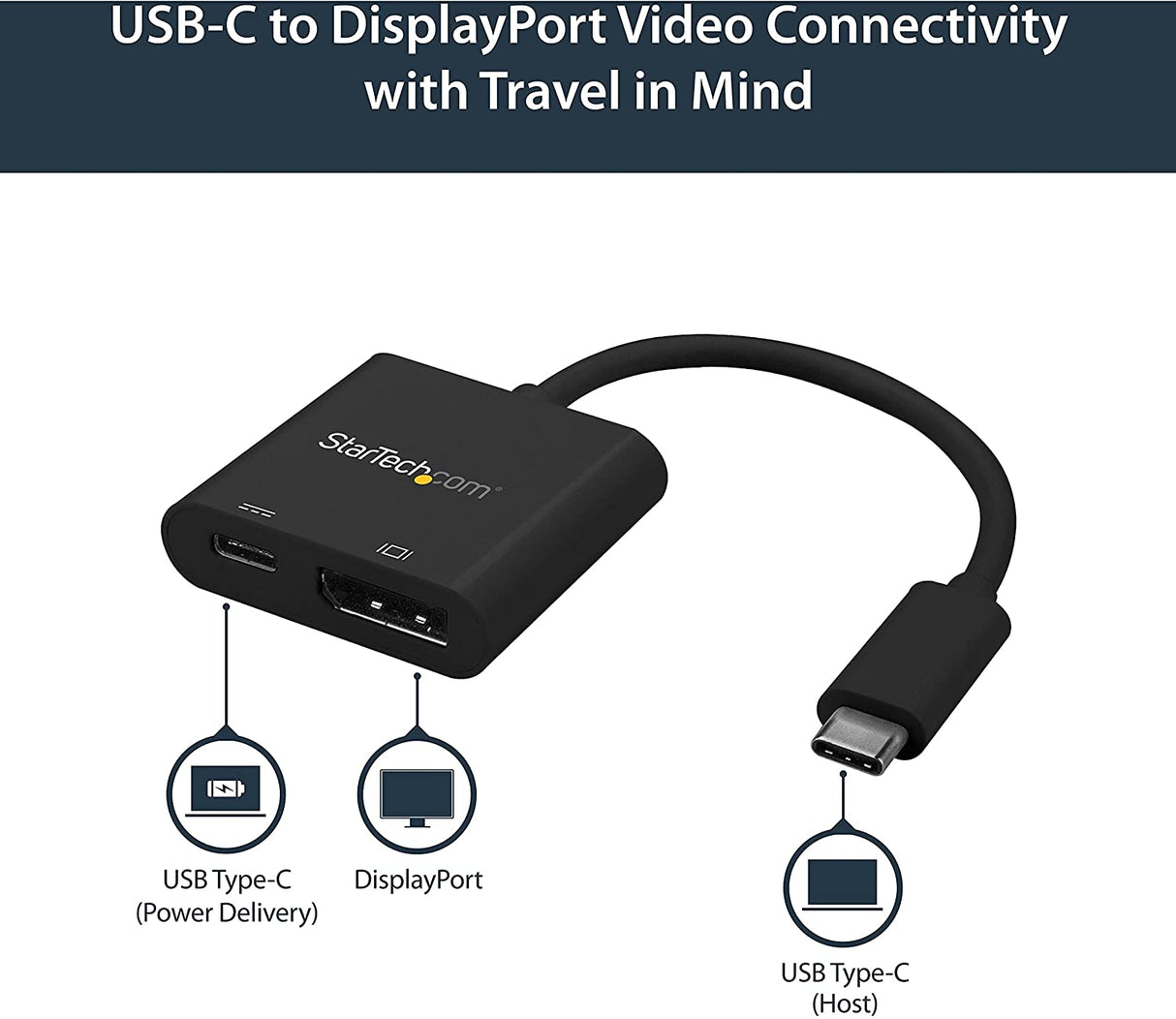 Startech USB C to DisplayPort Adapter - with Power Delivery (USB PD) - Power Pass Through Charging - 4K 60Hz - USB-C to DisplayPort Black 4K 60Hz w/ 60W PD Charge