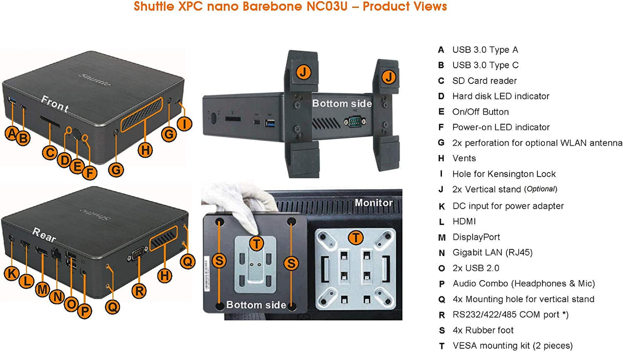 Shuttle XPC Nano NC03U Intel Kabylake-U Celeron 3865U Mini Barebone PC, Support 4K HD Video, Dual-channel DDR4 Max 32GB ,Black