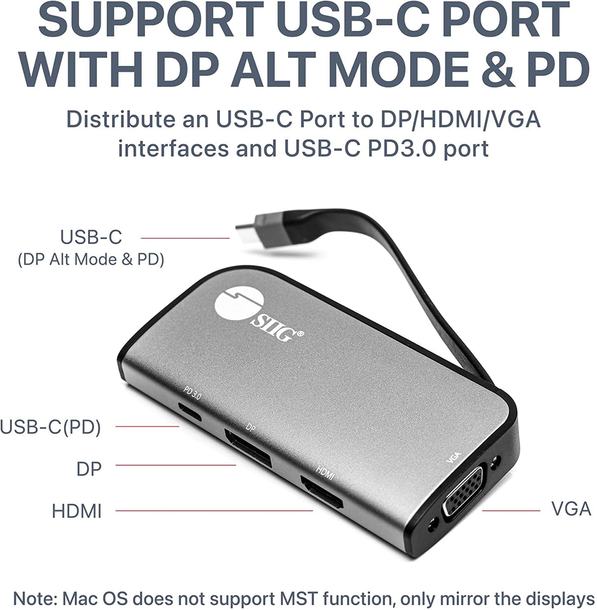 SIIG USB-C MST Hub with PD 3.0, USB-C to DP/HDMI/VGA, Single 4K30+Dual 1080p or Triple 1080p Video outputs, PD 100W, for Windows and Chromebook laptops (DP Alt Mode) NOT for Mac OS (CB-TC0G11-S1)