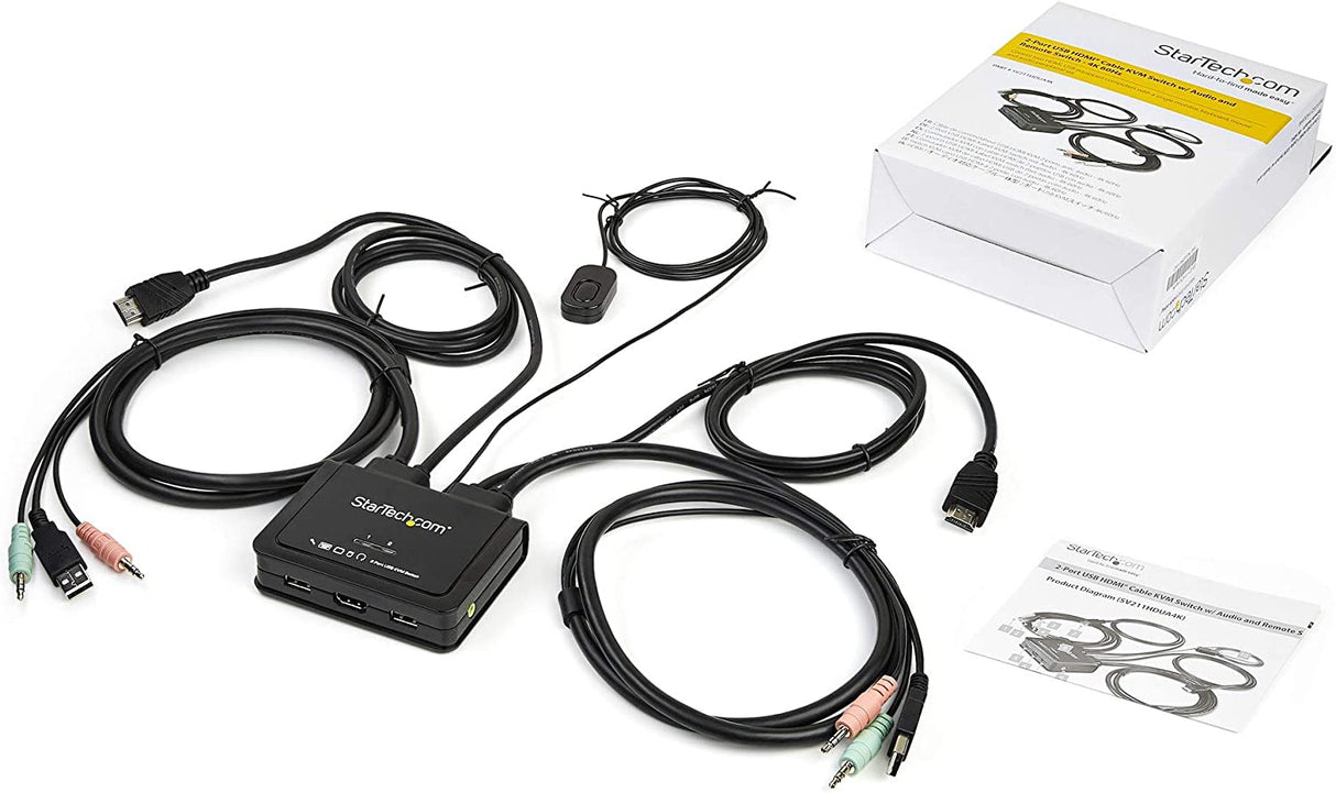 StarTech.com 2 Port HDMI KVM Switch - 4K 60Hz - Compact Dual Port UHD/Ultra HD USB Desktop KVM Switch w/Integrated 4ft Cables &amp; Audio - Bus Powered &amp; Remote Switching - MacBook ThinkPad (SV211HDUA4K)