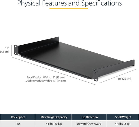 StarTech.com 1U Fixed Server Rack Mount Shelf - 10in Deep Steel Universal Cantilever Tray For 19" AV/ Network Equipment Rack - Heavy Duty Steel - Weight Capacity 44lbs/20kg, Black (CABSHELF1U10) 10" Depth 1U Rack Shelf