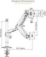 StarTech.com Desk Mount Monitor Arm for Single VESA Display up to 32" or 49" Ultrawide 8kg/17.6lb - Full Motion Articulating &amp; Height Adjustable - C-Clamp, Grommet - Single Monitor Arm (ARMPIVOTE2)