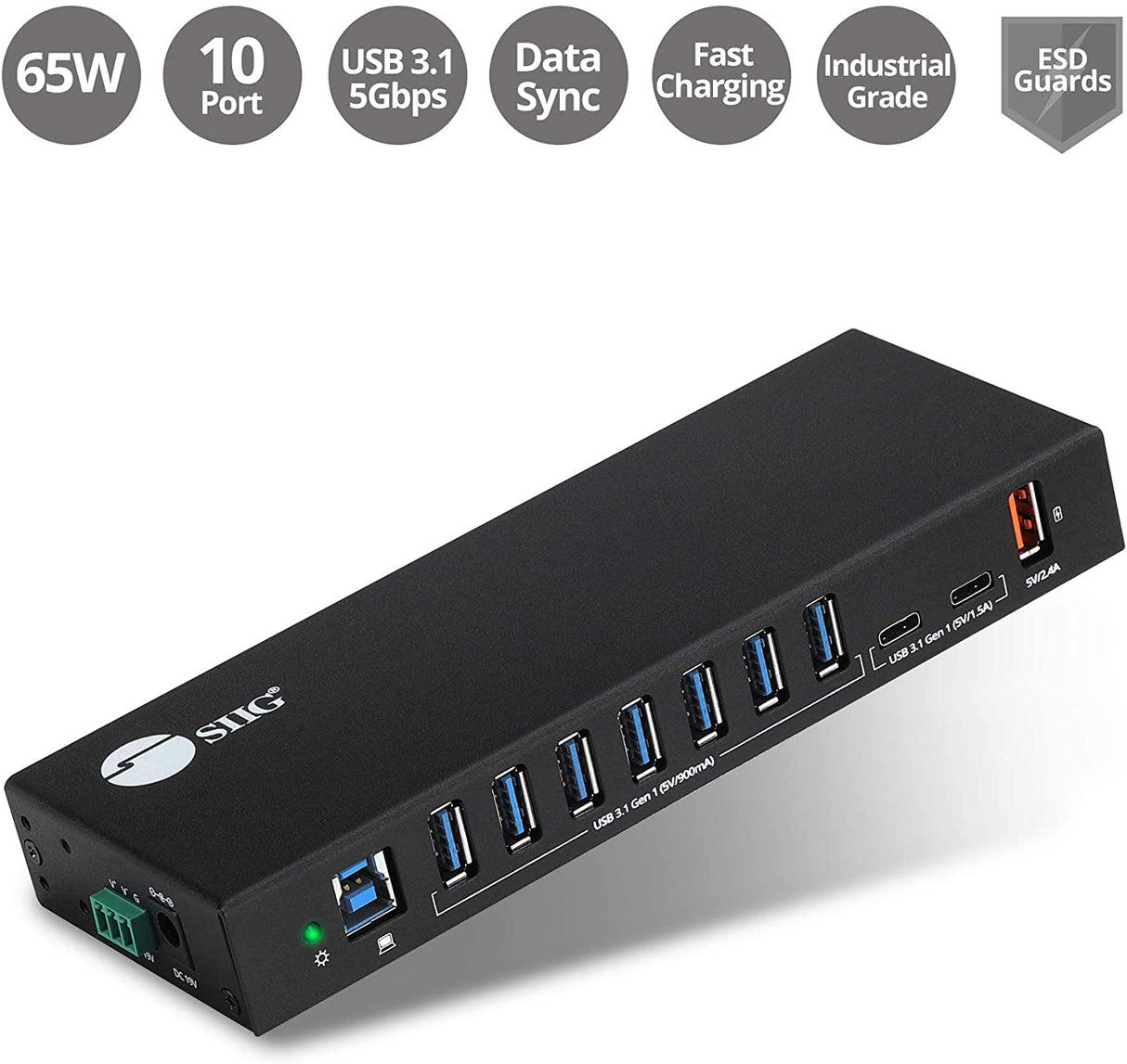 SIIG Industrial Powered USB C &amp; USB 3.1 Hub, Splitter, 10 Port, Powered Multiport Hub Expander for Desktop, Laptop, Tablets, Cellphone, External HD, Keyboard and Mouse (ID-US0811-S1)