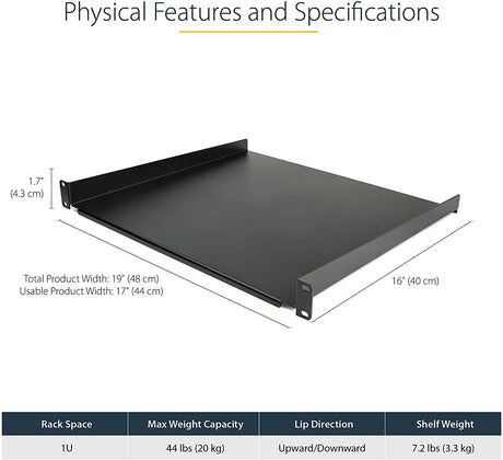 StarTech.com 1U Server Rack Shelf - Universal Rack Mount Cantilever Shelf for 19" Network Equipment Rack &amp; Cabinet - Heavy Duty Steel Weight Capacity 44lb/20kg - 16" Deep Tray, Black (CABSHELF116)