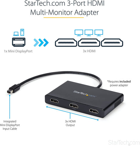 StarTech.com 3-Port Multi Monitor Adapter - Mini DisplayPort to HDMI MST Hub - Triple 1080p/Dual 4K 30Hz - Video Splitter for Extended Desktop Mode on Windows Only - mDP 1.2 to 3x HDMI (MSTMDP123HD)