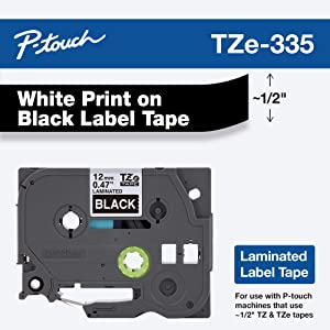 Brother Genuine P-touch TZE-335 Label Tape, 1/2" (0.47") Standard Laminated P-touch Tape, White on black, Laminated for Indoor or Outdoor Use, Water Resistant, 26.2 Feet (8M), Single-Pack