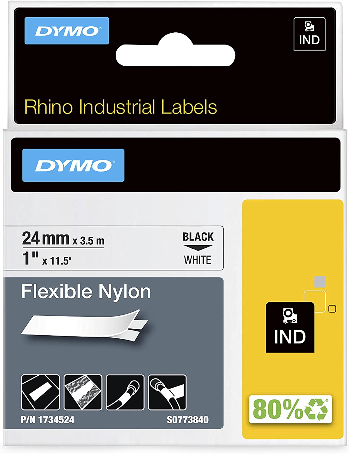 DYMO Industrial Labels, 1", Flex Nylon, Black on White, 1734524 Black on White 1" (24MM)