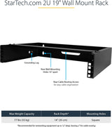 StarTech.com 2U Wall Mount Network Rack - 14 in Deep (Low Profile) - 19" Patch Panel Bracket for Shallow Server, IT Equipment, Network Switches - 77lbs/35kg Weight Capacity, Black (RACK-2U-14-BRACKET) 2U Panel Bracket