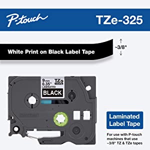 Brother Genuine P-touch TZE-325 Tape, 3/8" (0.35") Wide Standard Laminated Tape, White on Black, Laminated for Indoor or Outdoor Use, Water-Resistant, 0.35" x 26.2' (9mm x 8M), Single-Pack, TZE325