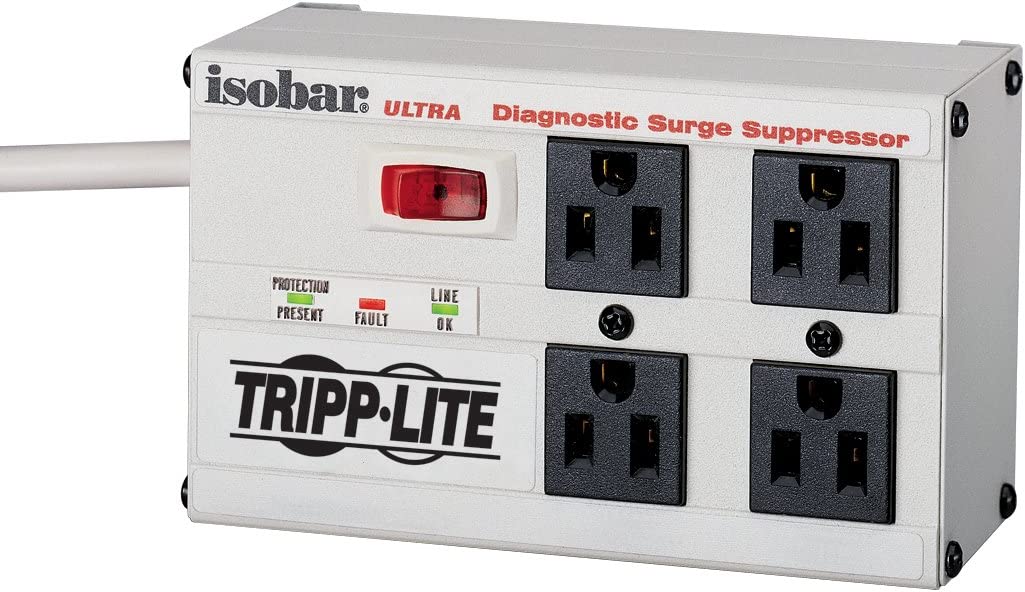 Tripp Lite ISOBAR4ULTRA Isobar 4 Outlet Surge Protector Power Strip, 6ft Cord, Right-Angle Plug, Metal, Lifetime Limited Warranty &amp; Dollar 50,000 Insurance White 4 Outlet 6 ft Cord Power Strip