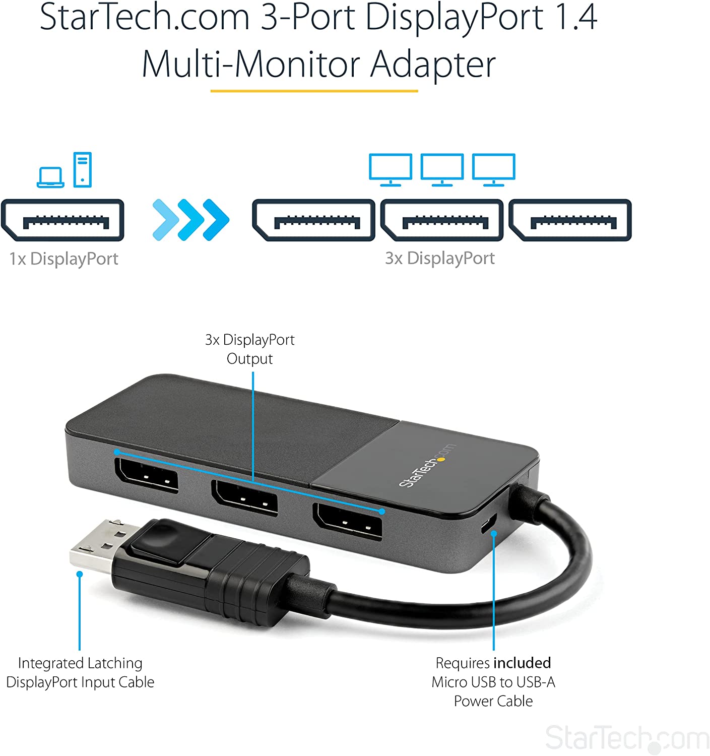 StarTech.com 3-Port Multi Monitor Adapter - DisplayPort 1.4 to 3x