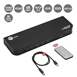 SIIG 4-Port 4K KVM Switch HDMI with Remote Control, 1x HDMI Output, 2X USB 3.2 Type-A Ports, EDID Bypass, Compatible with Windows and Mac (CE-KV0F11-S1)