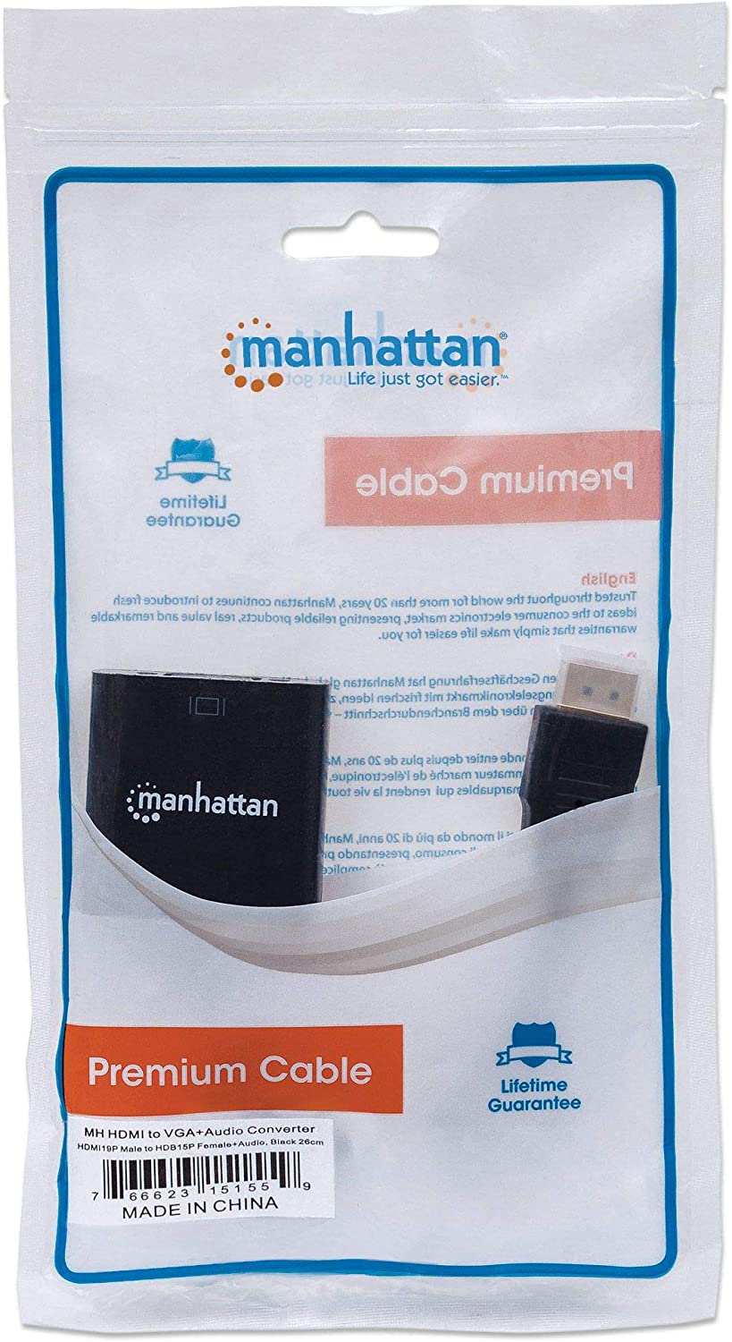 Manhattan HDMI to VGA Adapter Converter - Gold-Plated Male to Female, Optional USB Micro-B Power – Compatible for Computer, Desktop, Laptop, PC, Monitor, Projector, HDTV, More – Black, 151559