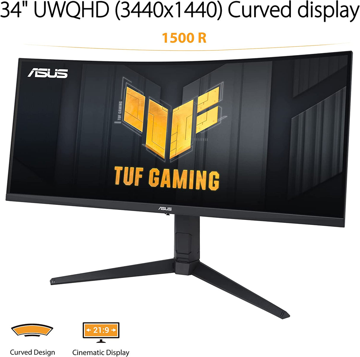 ASUS TUF Gaming 34” Ultra-Wide Curved HDR Monitor (VG34VQEL1A) - 21:9, UWQHD (3440 x 1440), 100Hz, Extreme Low Motion Blur, FreeSync, 1ms, DisplayPort, HDMI, USB, Tripod Socket, Height Adjustable