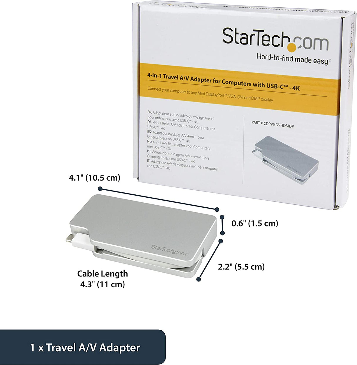 StarTech.com USB C Multiport Video Adapter with HDMI, VGA, Mini DisplayPort or DVI - USB Type C Monitor Adapter to HDMI 1.4 or mDP 1.2 (4K) - VGA or DVI (1080p) - Silver Aluminum (CDPVGDVHDMDP)