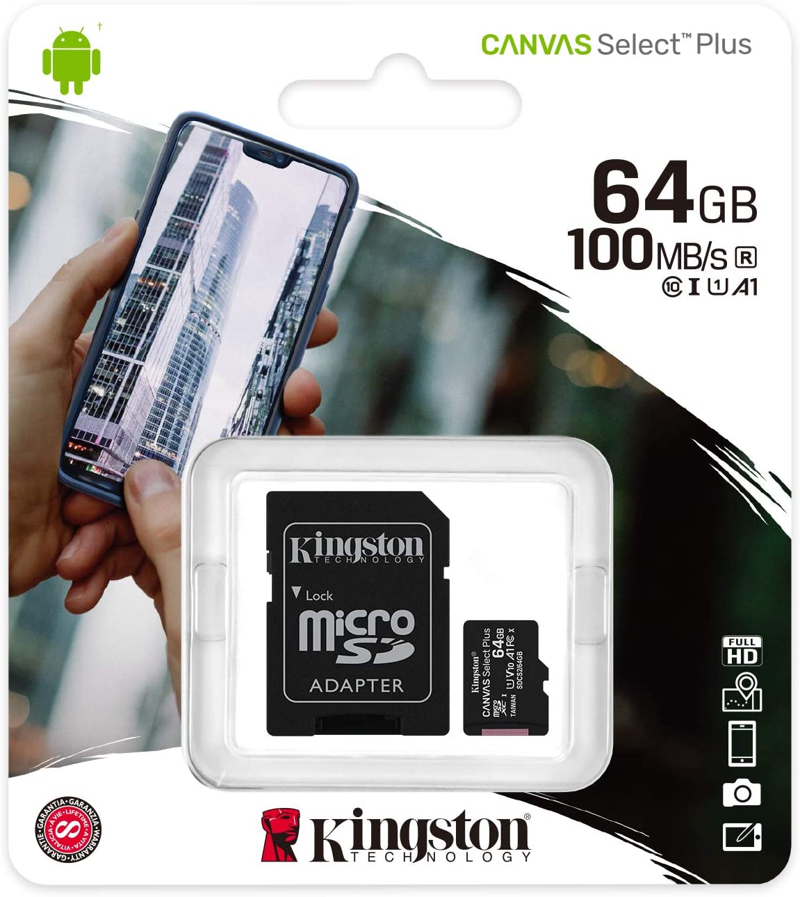 Kingston 64GB microSDXC Canvas Select Plus 100MB/s Read A1 Class 10 UHS-I Memory Card + Adapter (SDCS2/64GB) microSD Card 64GB Fast (Up to 100 MB/s) Single