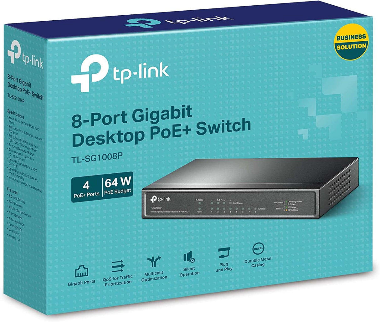 TP-Link TL-SG1008P V4 | 8 Port Gigabit PoE Switch | 4 PoE+ Ports @64W | Desktop | Plug &amp; Play | Sturdy Metal w/ Shielded Ports | Fanless | Limited Lifetime Protection | QoS &amp; IGMP Snooping | Unmanaged, Black 8 Port w/ 4-Port PoE+