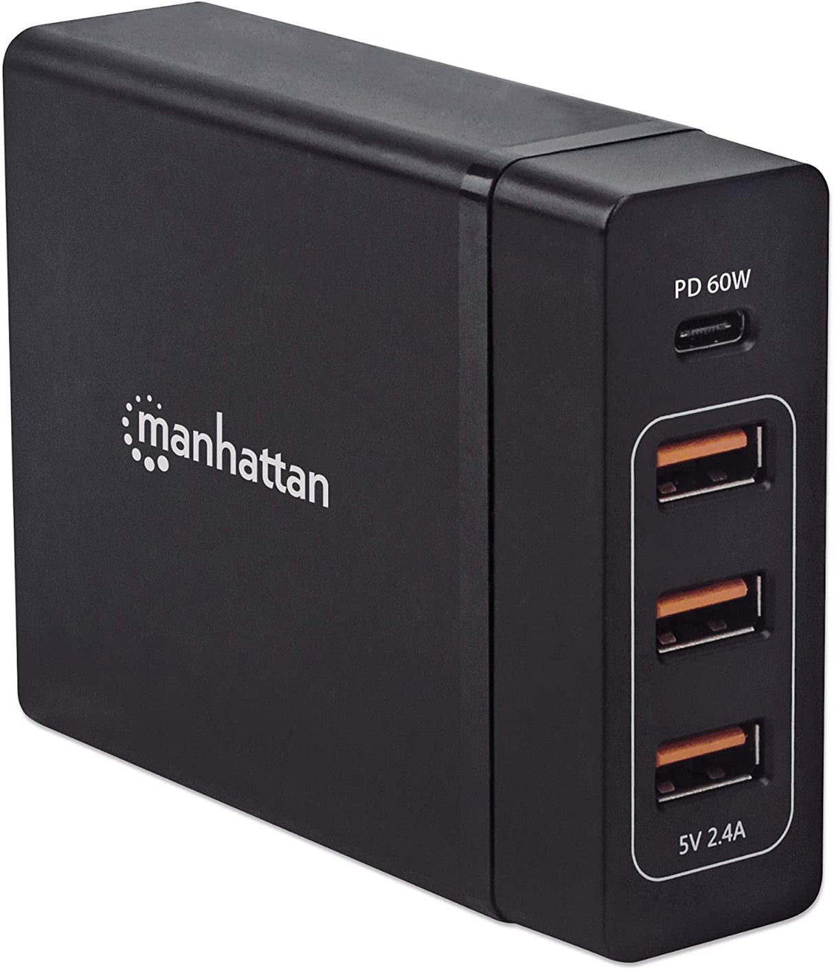 Manhattan 72 W 4-Port USB Power Delivery (PD) Charging Station with One 60 W USB-C PD 3.0 Port, Three USB-A Ports sharing 12 W / 2.4 A and Detachable Plug for Quick Charging a Notebook, Laptop, Smartp