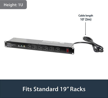 StarTech.com 16 Outlet Horizontal 1U Rack Mount PDU Power Strip for Network Server Racks - Surge Protection - 120V/15A - 6ft Power Cord (RKPW161915) 16 Outlets | 15A Power Strip