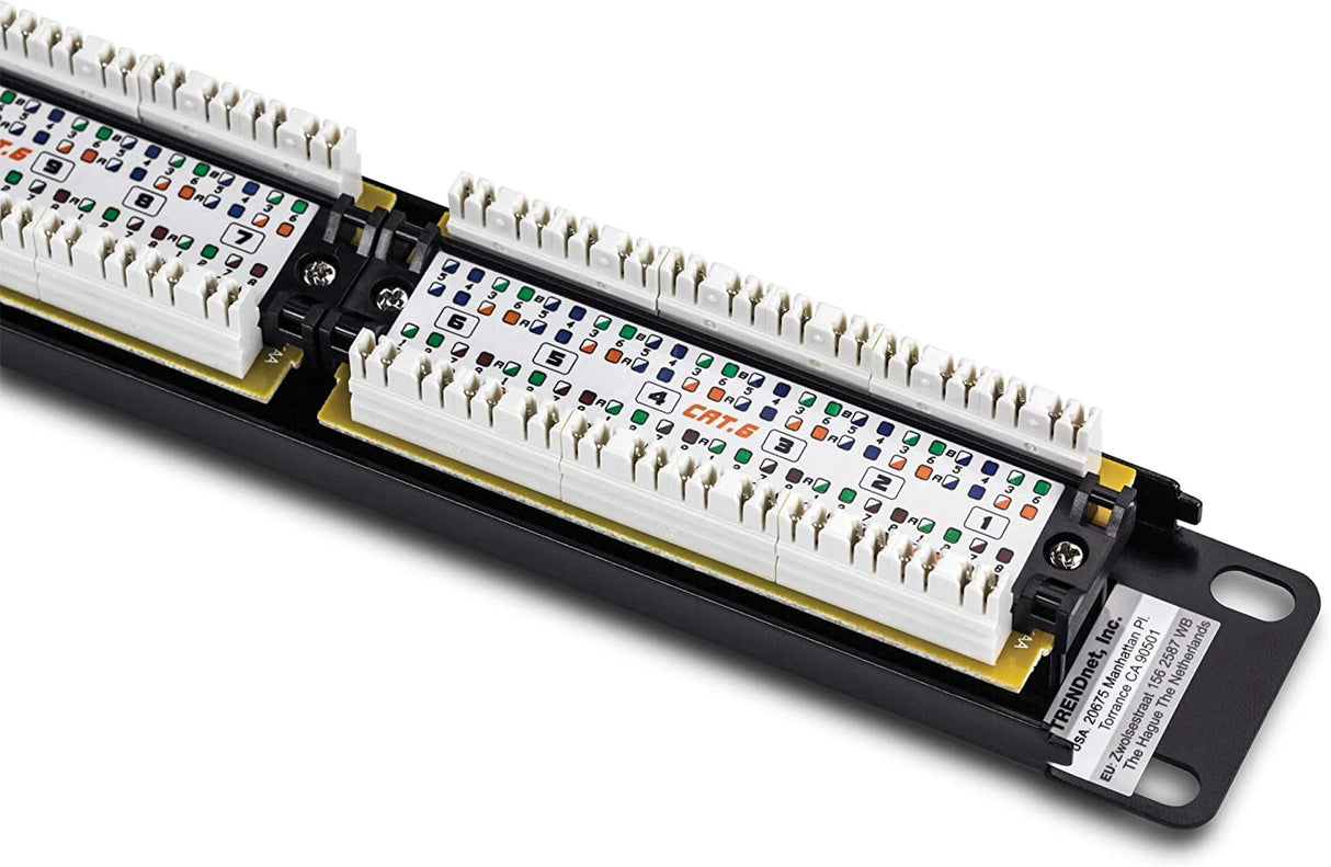 TRENDnet 24-Port Cat6 Unshielded Patch Panel, Wallmount or Rackmount, Compatible with Cat3,4,5,5e,6 Cabling, For Ethernet, Fast Ethernet, Gigabit Applications, Black, TC-P24C6