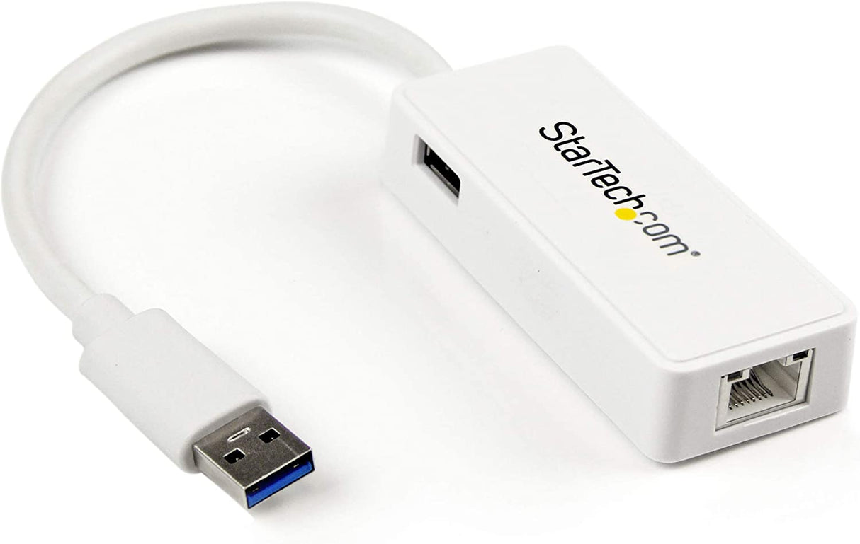 StarTech.com USB 3.0 to Gigabit Ethernet Adapter NIC w/ USB Port (White) - USB 3.0 NIC - 10/100/1000 Mbps USB 3.0 LAN Adapter (USB31000SPTW) White w/ 1 USB Port