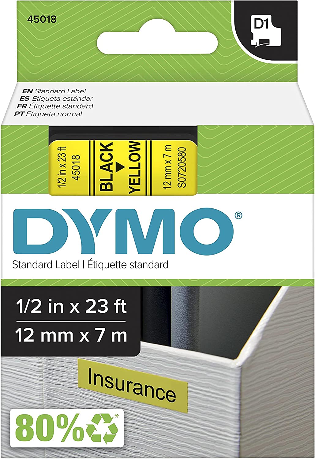 DYMO Standard D1 45018 Labeling Tape ( Black Print on Yellow Tape , 1/2'' W x 23' L , 1 Cartridge) 1/2" Black on Yellow