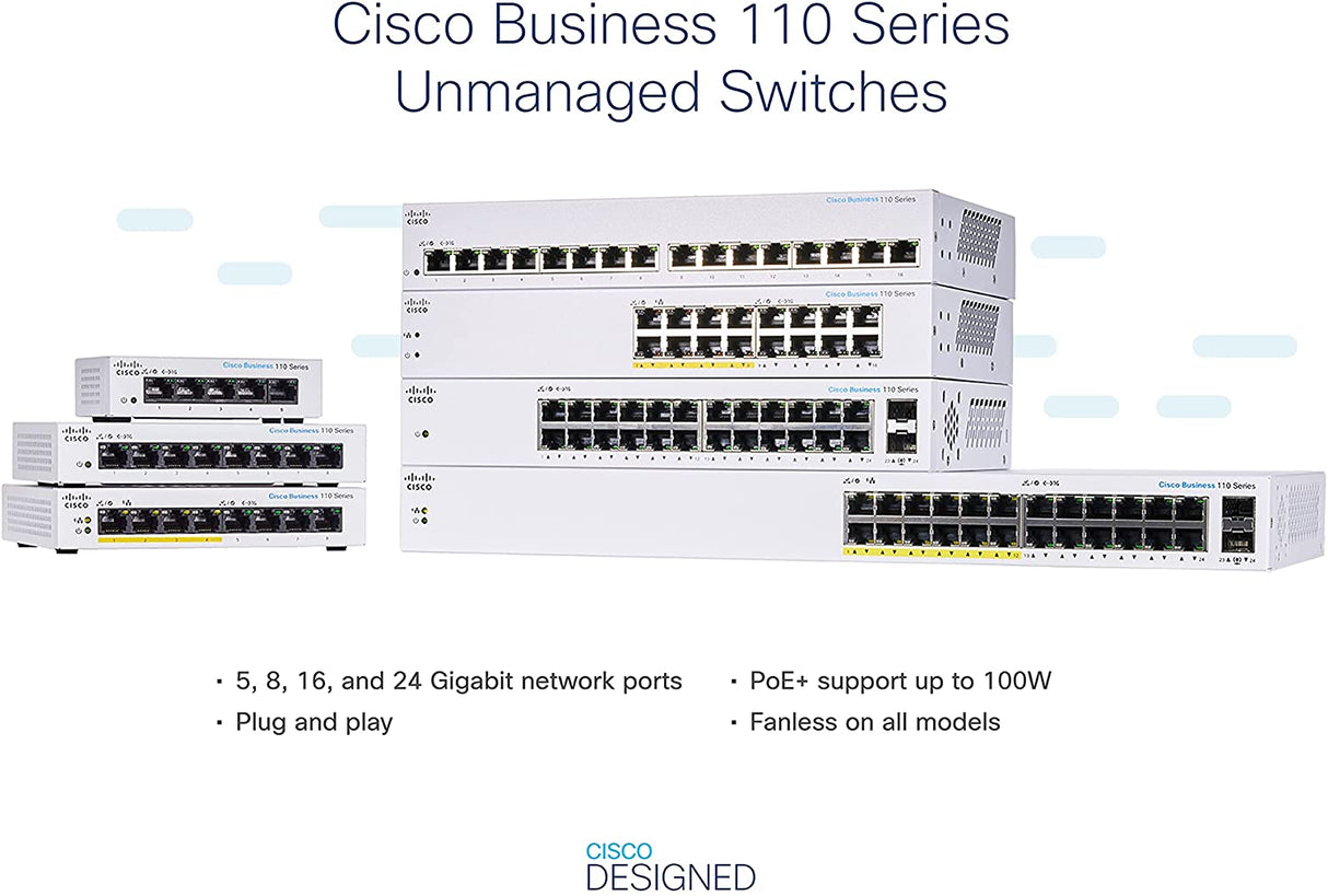 Cisco Business CBS110-24T Unmanaged Switch, 24 Port GE, 2x1G SFP Shared, Limited Lifetime Protection (CBS110-24T-NA)
