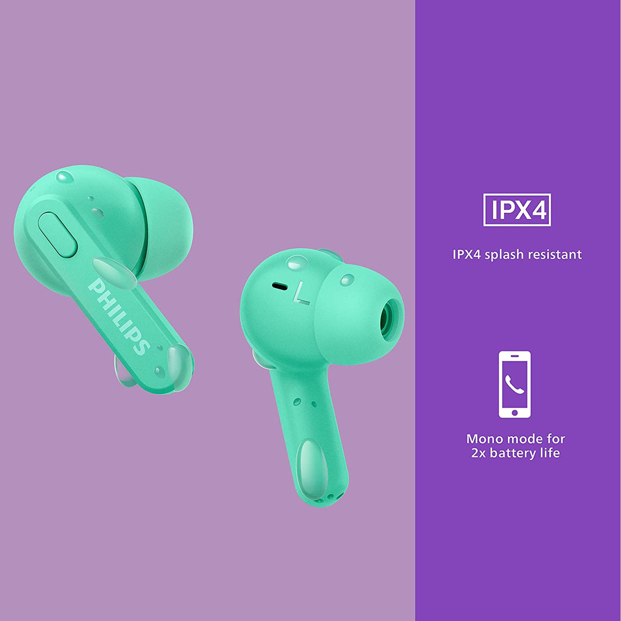 Philips T2206 True Wireless Headphones with IPX4 Water Resistance, Super-Small Charging case, Integrated Controls, Built-in Microphone, Up to 18 Hours Playtime, TAT2206GR In-Ear with Tip Minty Green