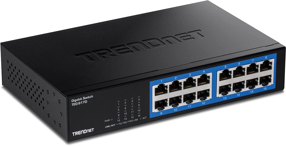 TRENDnet 16-Port Gigabit Desktop Switch, TEG-S17D, 16 x Gigabit RJ-45 Ports, 32Gbps Switching Capacity, Fanless Design, Metal Enclosure, Internal Power Supply, Lifetime Protection, Black