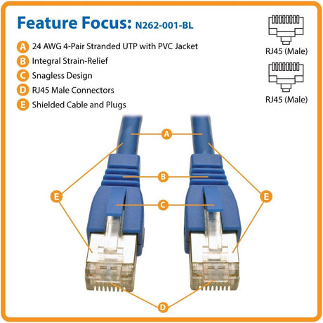 Tripp Lite Cat6a 10G Ethernet Cable, Snagless Molded STP Network Patch Cable (RJ45 M/M), Blue, 1 Foot / 0.3 Meters, Manufacturer's Warranty (N262-001-BL) Blue 1 Foot STP