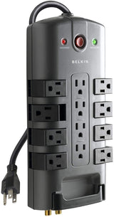 Belkin Surge Power Strip Protector - 8 Rotating &amp; 4 Stationary AC Multiple Outlets - 8 ft Long Heavy Duty Extension Cord Flat Pivot Plug for Home, Office, Travel, Desktop &amp; Charging Brick, 4320 Joules Phone Protection Power Strip 12-Outlet