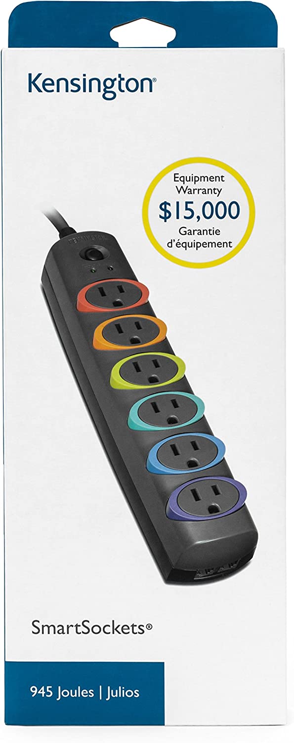 Kensington SmartSockets 6-Outlet, 7-Foot Cord, &amp; 945 Joules Standard Surge Protector (K62147NA) Standard (945 Joules, 7' Cord)