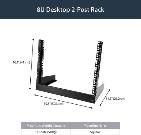 StarTech.com 8U Open Frame Network Rack - 19" 2 Post Free Standing Desktop Rack for Computer, AV, Media, IT, Data &amp; Server Room Equipment (RK8OD) 16.10"/408.94mmx19.80"/502.92mmx11.50"/292.10mm