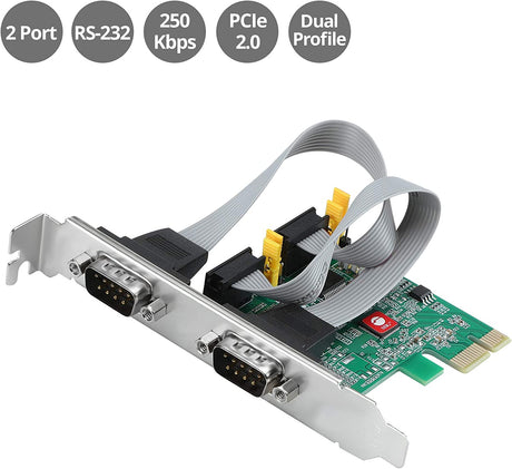 SIIG Dual Serial PCIe Card Adapter, 16650 UART, Baud Rates up to 250Kbps, PCIe 2.0 x1 to 2X RS-232 Male 9-pin DB9, RS-232 5V or 12V Power, ASIX AX99100 Chipset, Dual-Profile Brackets (JJ-E20711-S1)