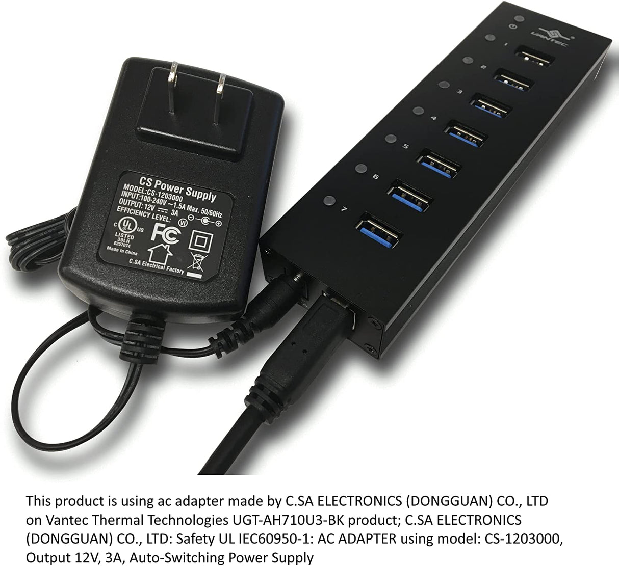 Vantec 7-Port USB 3.0 Hub, Aluminum, Full Powered, Mountable, with All Ports Data &amp; Charging Up to 1.5A, BC 1.2, Premium 12V/3A, 36W Power Adapter (UGT-AH710U3-BK),Black