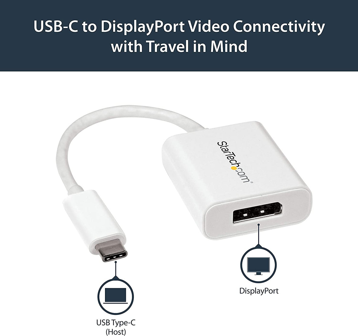 StarTech.com USB C to DisplayPort Adapter - 4K 60Hz/8K 30Hz - USB Type-C to DP 1.4 HBR2 Adapter Dongle - Compact USB-C (DP Alt Mode)Monitor Video Converter - Thunderbolt 3 Compatible - White(CDP2DPW) White 8K 30Hz DP 1.4 HBR2 Adapter